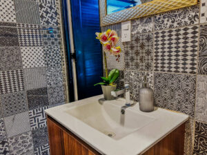 Modern ensuite bathroom sink and shower area in Isla Mujeres female dorm